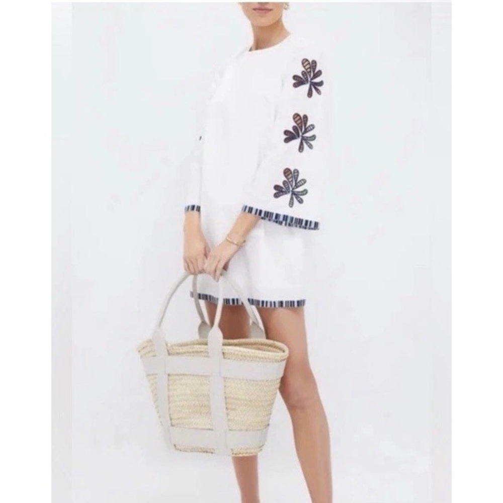 White Embroidered Mini Dress with Navy Trim